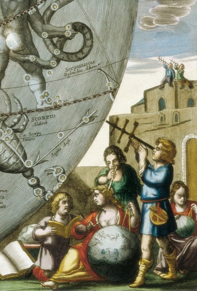 Forskare (astrologer och astronomer) som studerar jordklot och himmelskarta, detalj från Atlas Coelestis seu Harmonia Macrocosmica av Andreas Cellarius (1596-1665) av Andreas Cellarius