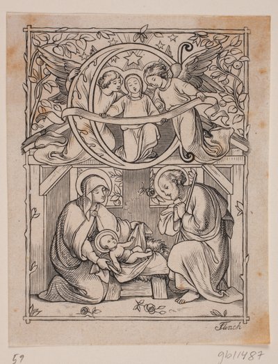Initialer med skildringar av bebådelsen och Jesu födelse av Andreas Flinch