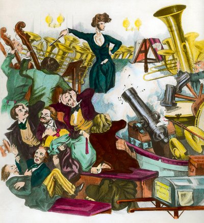 Satir av Hector Berlioz (1803-1869) under ledning av en orkester. Satirtryck av Andreas Geiger av Andreas Geiger
