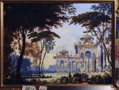 Palace - Förberedande dekor för operan "Rouslan och Lyudmila" av Mikhail Glinka (1804-1857) - Scenografi för operan Ruslan och Lyudmila av M Glinka - Verk av Andreas Leonhard Roller (1805-1891), akvarell och gouache på papper av Andreas Leonhard Roller