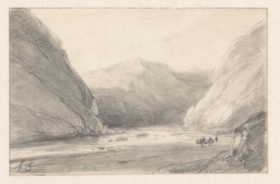 Bergslandskap med flod och en figur med två lastade åsnor av Andreas Schelfhout