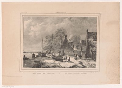 Frusen flod nära byn A yard at winter / Un chantier en hiver (titel på objekt) av Andreas Schelfhout