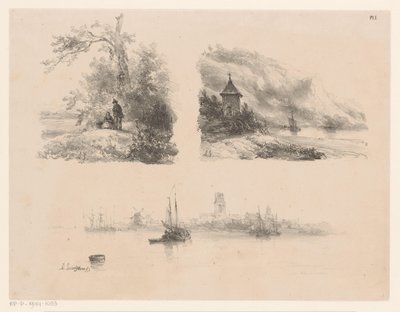 Figurer i en skog, en flod längs en bergig kust och båtar på vattnet av Andreas Schelfhout