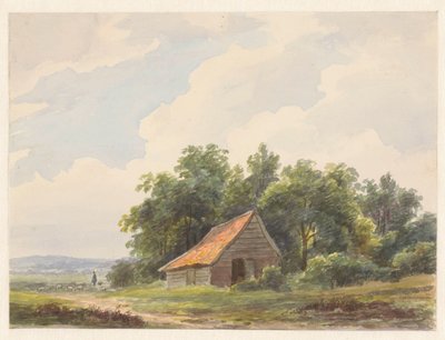 Landskap med ladugård och i fjärran en herde med får av Andreas Schelfhout