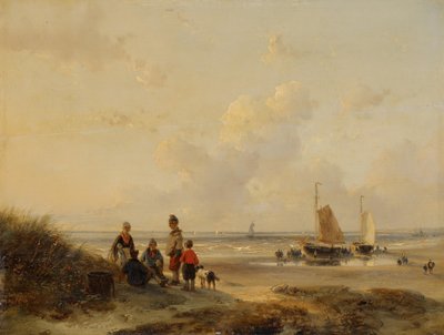 Vilande fiskare på en strand i klart väder av Andreas Schelfhout