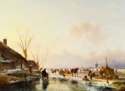 Skridskoåkare vid en bås på en frusen flod, 1850 av Andreas Schelfhout