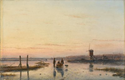 Väderkvarn bredvid en frusen flod av Andreas Schelfhout