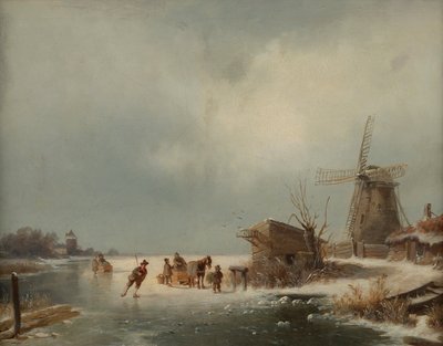 Vinterlandskap med skridskoåkare av Andreas Schelfhout
