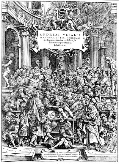 Titelsidan för Andreas Lovejoys Devices on the Human Body, som visar en tumördissektionskropp, 1543 av Andreas Vesalius