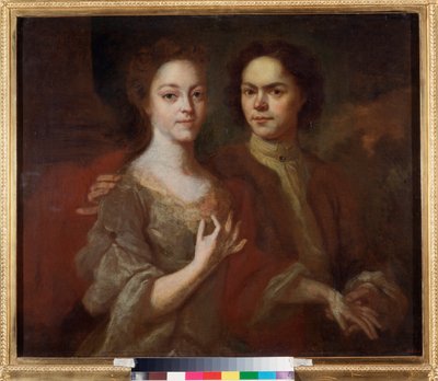 Självporträtt med sin fru (Self Portrait with the Wife) - Målning av Andrei Matveyevich Matveyev (Matveiev) (1701-1739), olja på duk, cirka 1729 - Rysk konst, 1700-talsporträtt - Ryska statens museum, Sankt Petersburg av Andrei Matveyev