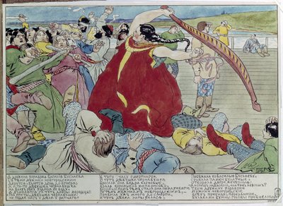 The Maid Beat the Novgorodians (Maid beat the Novgorodians). Illustration av en traditionell berättelse från mytologin, med en hjältinna som försvarar det ryska folkets frihet och oberoende. Verk av Andrei Petrovich Ryabushkin (Riabutchkin) (1801- av Andrei Petrovich Ryabushkin