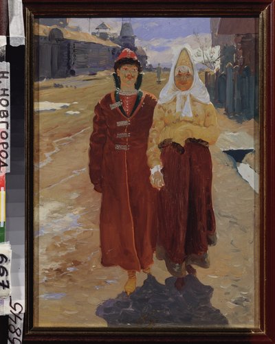 Utflykt på besök. (par eleganta bojarer (bräder, boiarer) i traditionella kläder, går längs gatan i en by med trähus.) Målning av Andrei Petrovich Ryabushkin (Riaboutchkine) (1861-1904), olja på duk av Andrei Petrovich Ryabushkin