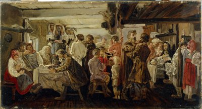 Ett bondbröllop i Tambov-regionen (Ryssland). (Bondbröllop i Tambov-regionen). Målning av Andrei Petrovich Ryabushkin (Riaboutchkine) (1861-1904), olja på duk, cirka 1880. Rysk konst från 1800-talet. Statens Tretjakovgalleri, Moskva. av Andrei Petrovich Ryabushkin
