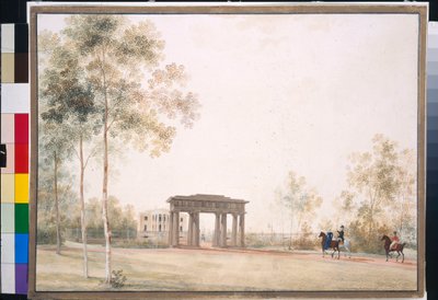 ""Gateway to the Park in Tsarskoye Selo"" av Andrei Yefimovich Martynov (1768-1826), Gouache på papper efter 1821, 38,5x51,5, Tretyakov Gallery, Moskva av Andrei Yefimovich Martynov