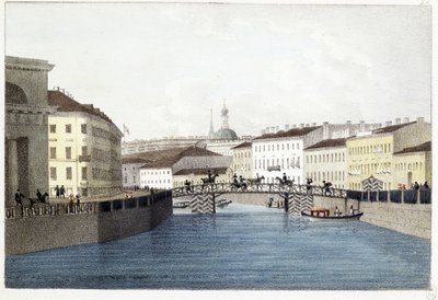 Le pont Bolshoi Koniushennyi i Sankt Petersburg. (Bolshoi Koniushennyi-bron i Sankt Petersburg). Lithographie et aquarelle av Andrei Yefimovich Martynov (1768-1826) av Andrei Yefimovich Martynov