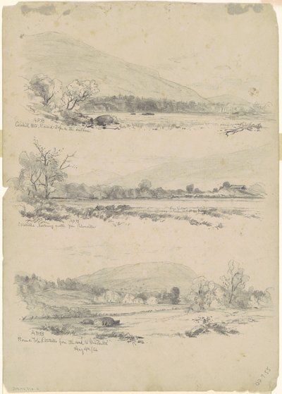 Catskill Mountains, Round-Top i fjärran; Catskills ser norrut från Palenville; och Round Top, Catskills, från vägen till Bracketts [verso] av Andrew Fisher Bunner