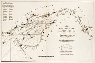Ett sjökort över Delaware Bay och floden, med en fullständig och exakt beskrivning av stränder, bäckar, hamnar, lod, grund, sand och bäringar av de mest betydande landmärkena, från Capes till Philadelphia av Andrew & Haydon W. Dury