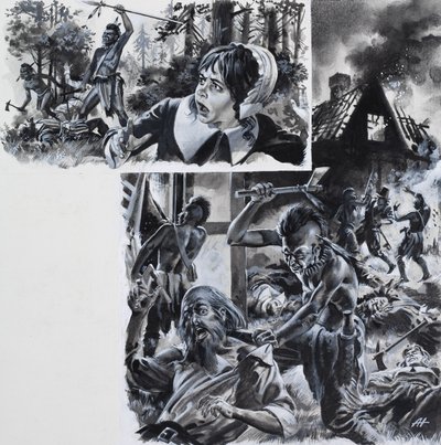 Indianska attacker mot invandrade bosättare (gouache på papper) av Andrew Howat