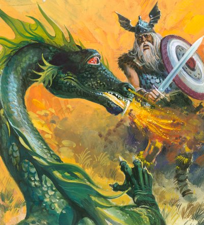 Scen ur Beowulf (gouache på papper) av Andrew Howat