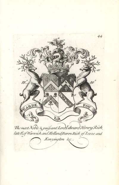 Vapensköld och vapen av Lord Edward Henry Rich, 7:e greven av Warwick och Holland, baron RIch av Leeze och Kensington av Andrew Johnston