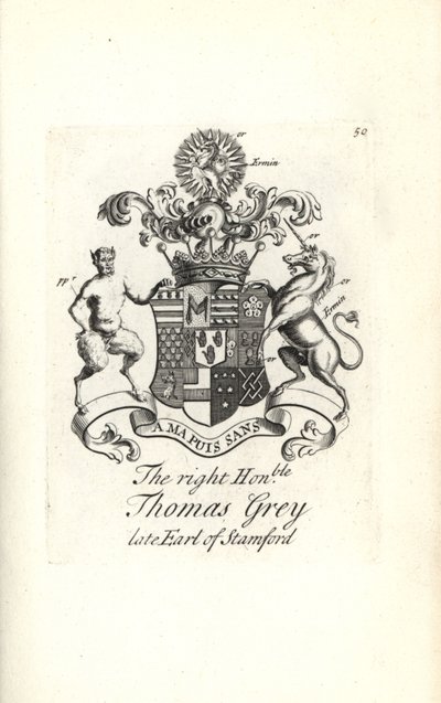 Vapensköld och vapen av höger ärade Thomas Grey, 2:a Earl of Stamford av Andrew Johnston