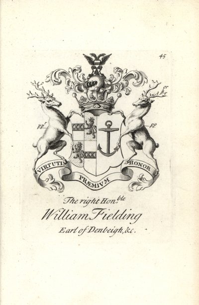 Vapensköld och vapen av höger ärade William Fielding, 5:e Earl of Denbeigh av Andrew Johnston