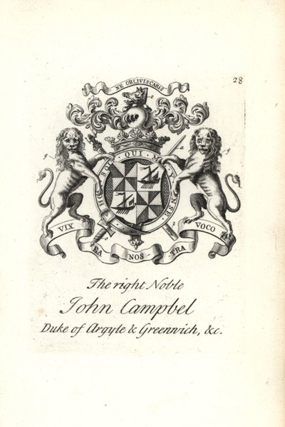 Vapensköld och vapen av den högra adelsmannen John Campbell, 2:a hertigen av Argyll och Greenwich, av Andrew Johnston