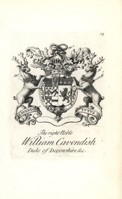 Vapensköld och vapen av den högra adelige William Cavendish, 2:a hertigen av Devonshire av Andrew Johnston