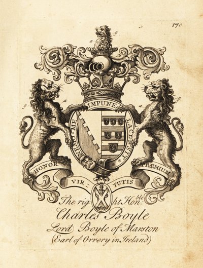 Vapensköld av högern Charles Boyle, Lord Boyle av Marston, 4:e greven av Orrery i Irland av Andrew Johnston