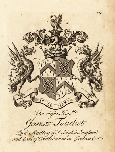Vapensköld av högern James Touchet, Lord Audley av Heleigh i England, 6:e earlen av Castlehaven i Irland, död 1740 av Andrew Johnston