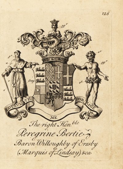 Vapensköld av högern ärade Peregrine Bertie, baron Willoughby av Eresby, markis av Lindsay, 2:a hertigen av Ancaster och Kesteven av Andrew Johnston