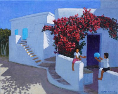 Bollspel, Samos, Grekland, 2022 (olja på duk) av Andrew Macara