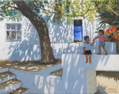 Blå dörr, Mykonos, Grekland, 2024 (olja på duk) av Andrew Macara