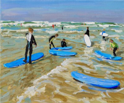 Blå surfbrädor, Bude. 20x24",2019,(olja på duk) av Andrew Macara
