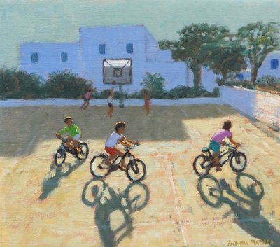 Pojkar på cykel, Grekland (olja på duk) av Andrew Macara