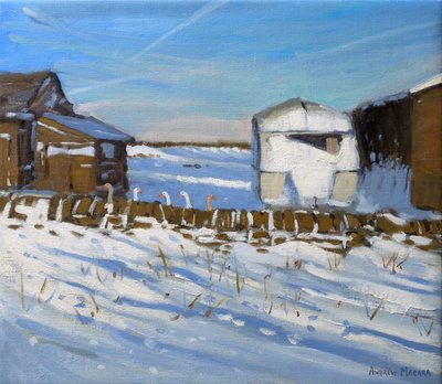 Caravan and Geese, Derbyshire, 2011 (olja på duk) av Andrew Macara