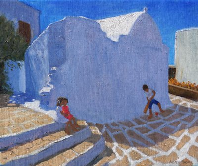 Cricket vid kyrkväggen, Mykonos (olja på duk) av Andrew Macara