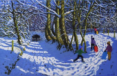 Åka pulka, Calke Abbey, 2021 (olja på duk) av Andrew Macara