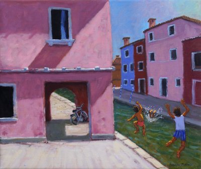 Hoppa in i kanalen, Murano, Venedig, 2021 (olja på duk) av Andrew Macara