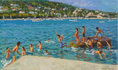 Hoppa från klipporna; Cinque Terre, Positano, Italien, 2000 (olja på duk) av Andrew Macara