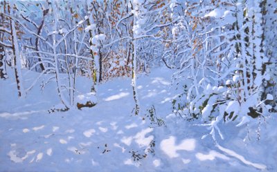November Snow, Allestree Woods, Derby, (olja på duk) av Andrew Macara