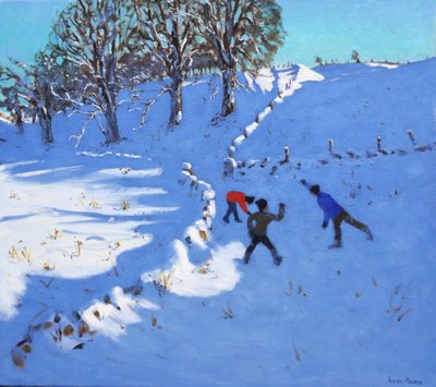 Leker i snön Youlgrave, Derbyshire, 2016, (olja på duk) av Andrew Macara