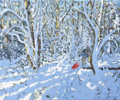Röd släde, Allestree Park, Derby, 2022 (olja på duk) av Andrew Macara