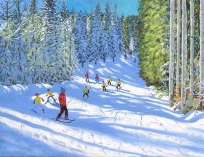 Skidlektion, Samoen, Frankrike, 2020, (olja på duk) av Andrew Macara