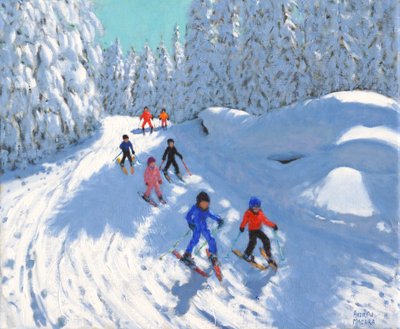 Åka skidor längs leden ,Courchevel ,2018,(olja på duk) av Andrew Macara