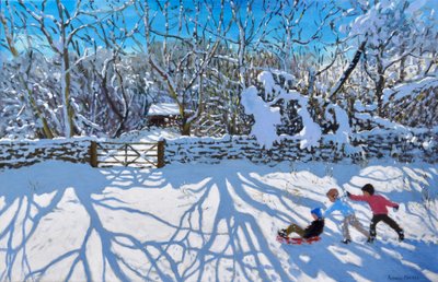 Sledging, Gambols Lane, Dovehead, High Peak, Derbyshire, 2021 (olja på duk) av Andrew Macara