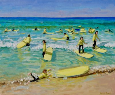 Sommarsurfing, St Ives. 25x30",2019 (olja på duk) av Andrew Macara