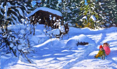 Två på en släde, The Orchard, Morzine, (olja på duk) av Andrew Macara