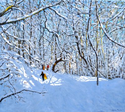 Gula och orange slädar, Allestree Park, Derby. 36 x 40,2018, av Andrew Macara
