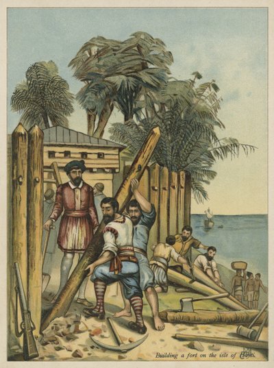 Columbus bygger ett fort i Haiti (chromolitho) av Andrew Melrose